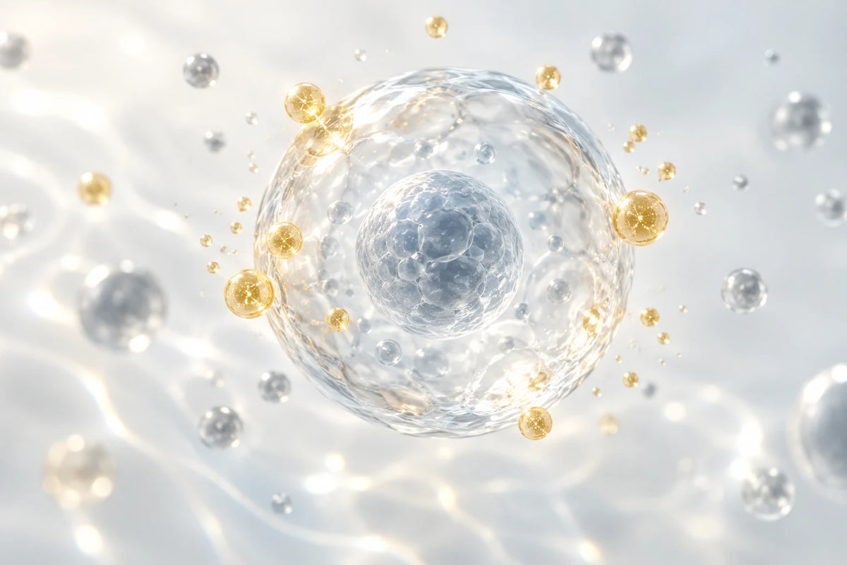 Conceptual illustration of antioxidant interactions around a translucent cell-like structure