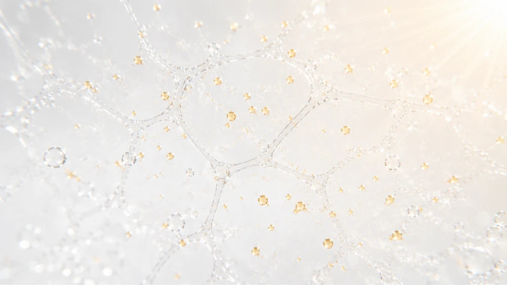 Conceptual illustration of collagen support, with delicate fibres and golden particles